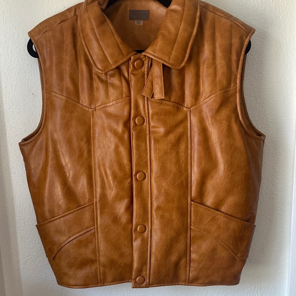 MOTHER Tan Leather Vest Jacket - Classic Button Front